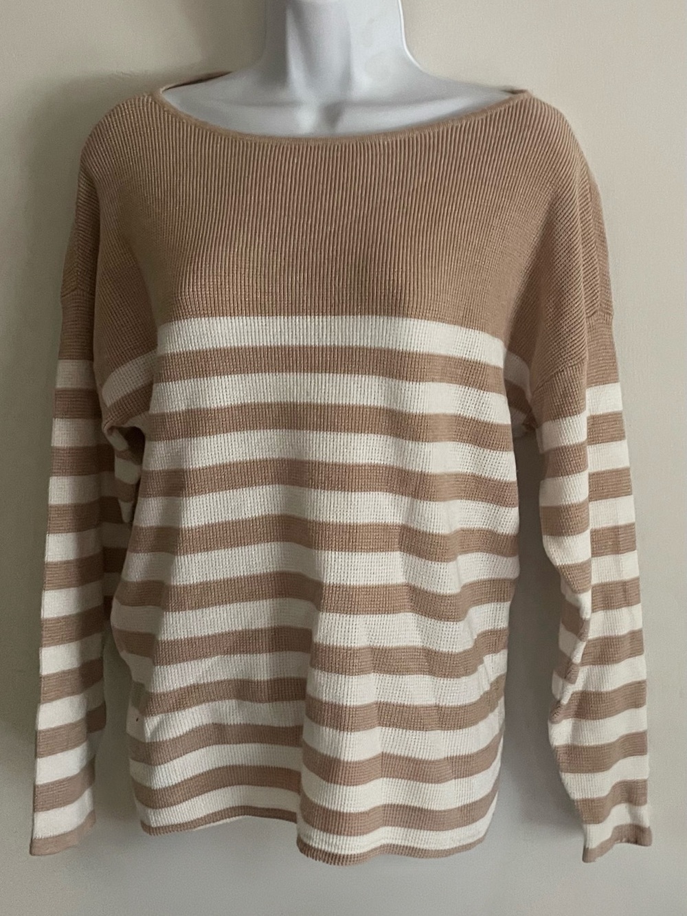 Cyrus Beige and Cream Striped Off-Shoulder Sweater